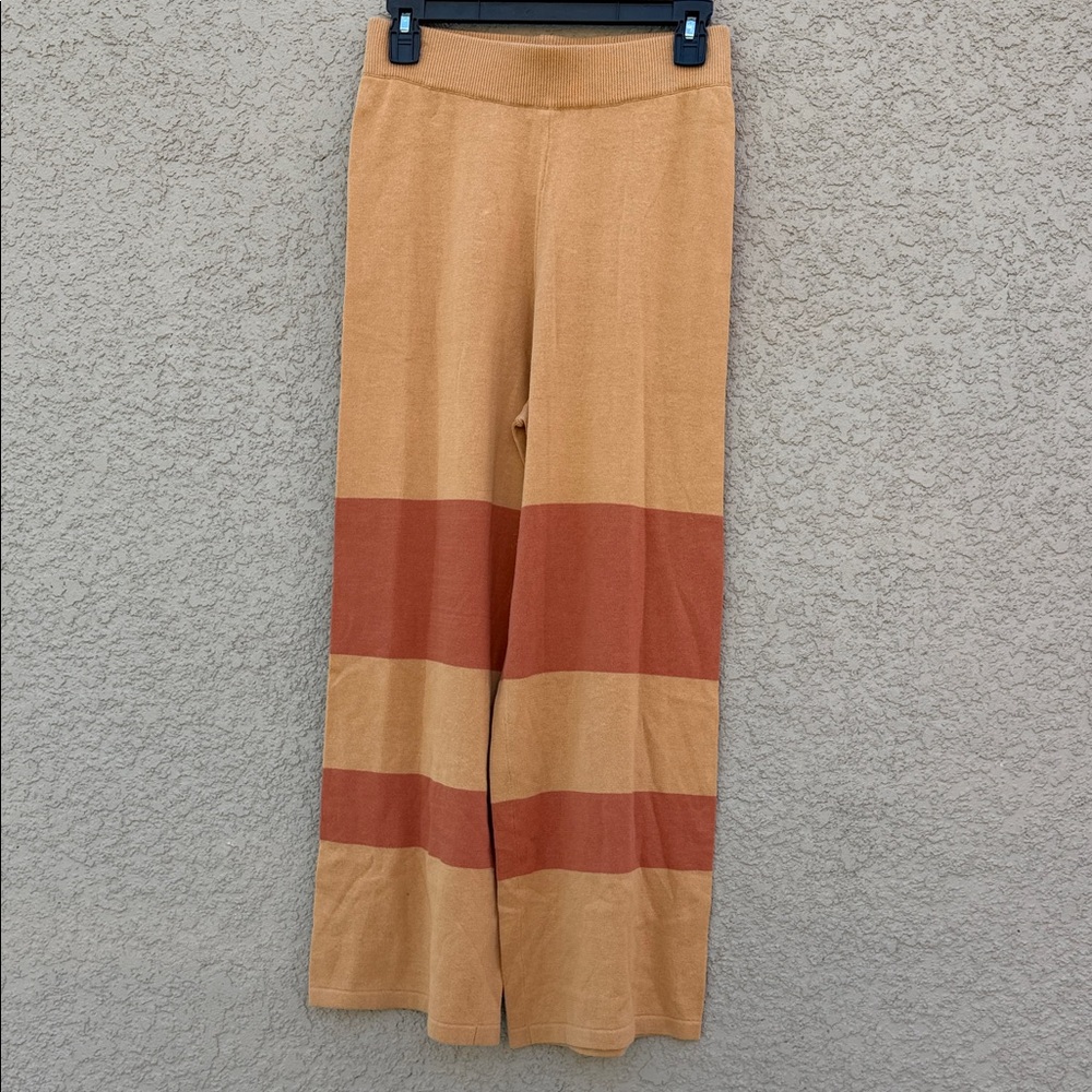 Roolee Two-Tone Wide-Leg Knit Pants in Tan & Rust
